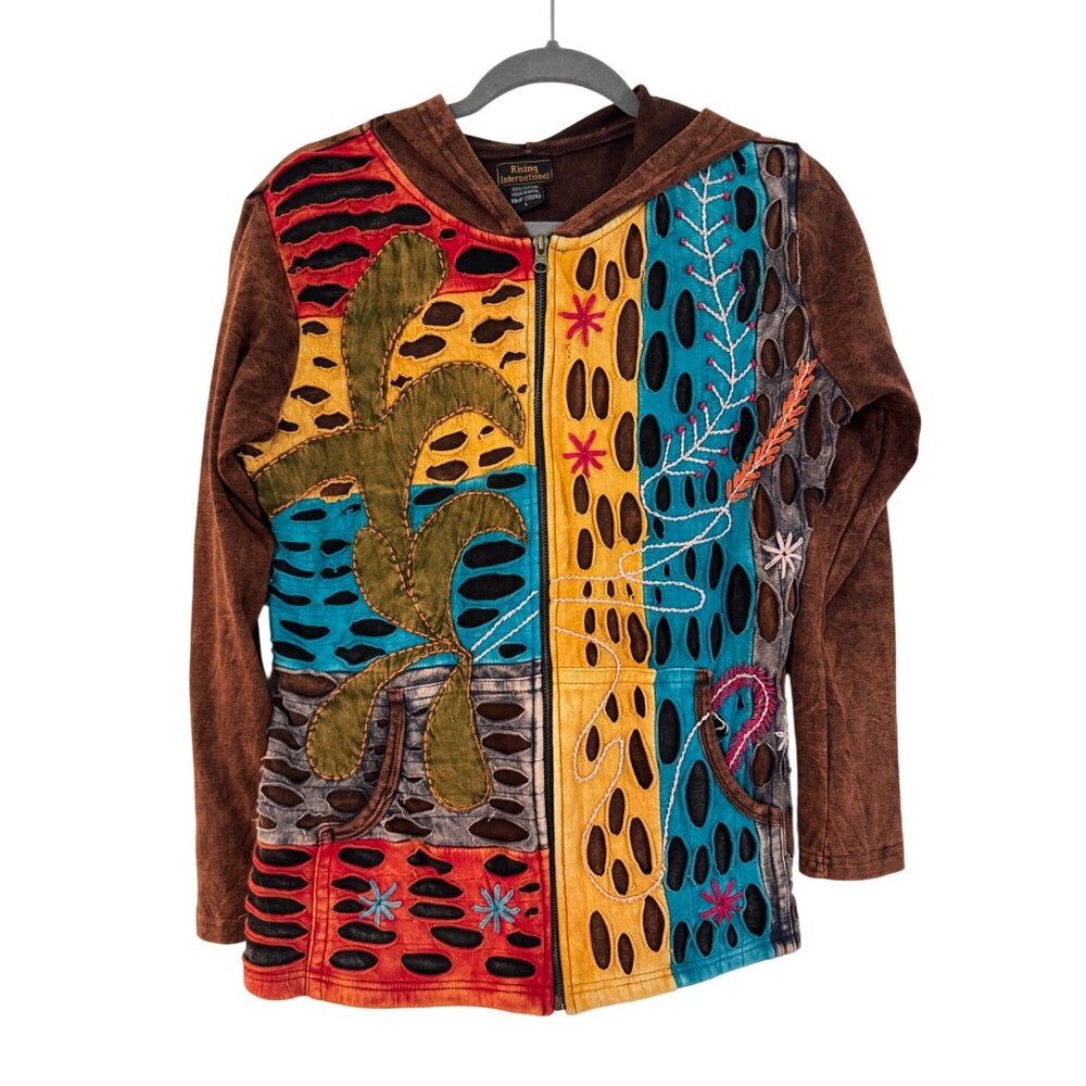 Rising International Womens Multicolor Embroidered Zip-Up Hoodie Size L Cotton N